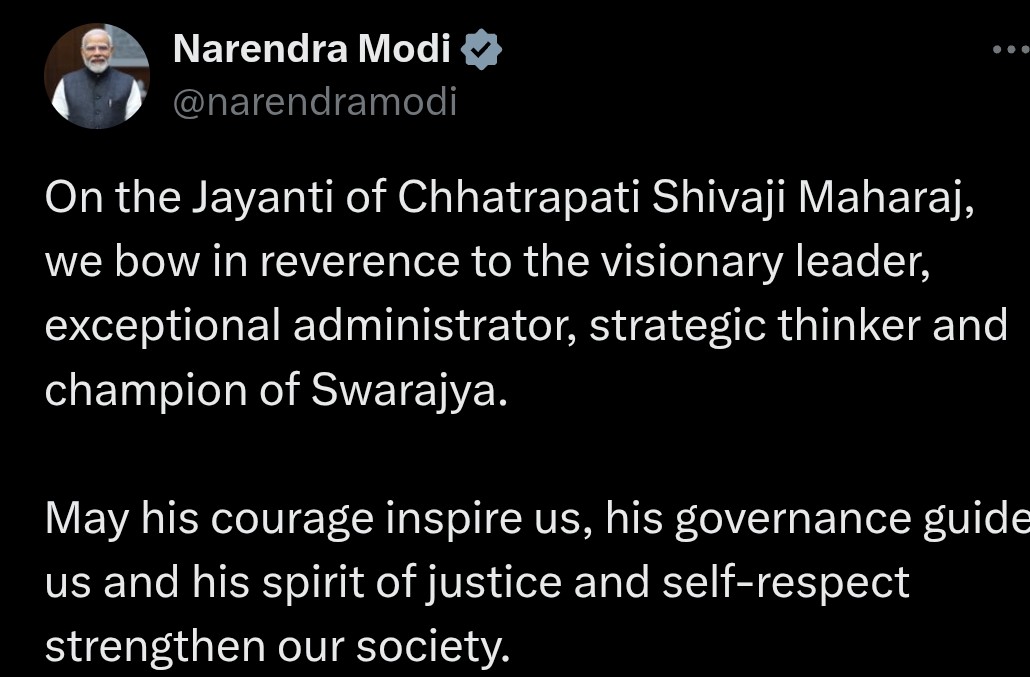 Prime Minister Narendra Modi Pays Tribute to Chhatrapati Shivaji Maharaj on Jayanti
