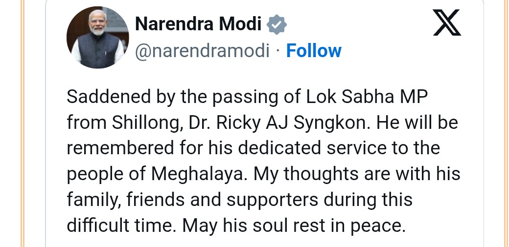 Prime Minister Condoles Passing of Shillong MP Dr. Ricky AJ Syngkon