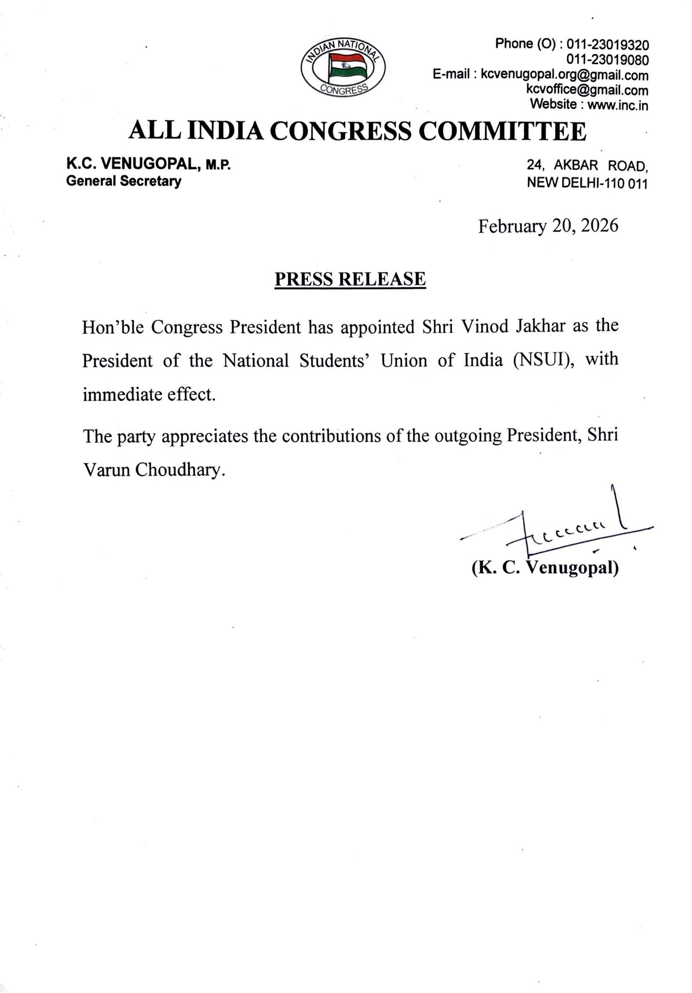 NSUI Appoints Vinod Jakhar as New National President