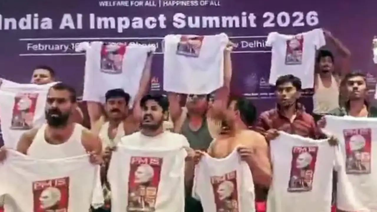 Youth Congress Stages Protest Inside Bharat Mandapam During AI Summit in New Delhi