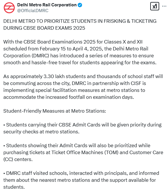 Delhi Metro to Ease Travel for Students During CBSE Board Exams 2026