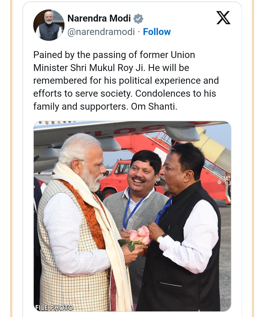 Prime Minister Modi Expresses Grief Over Mukul Roy’s Passing