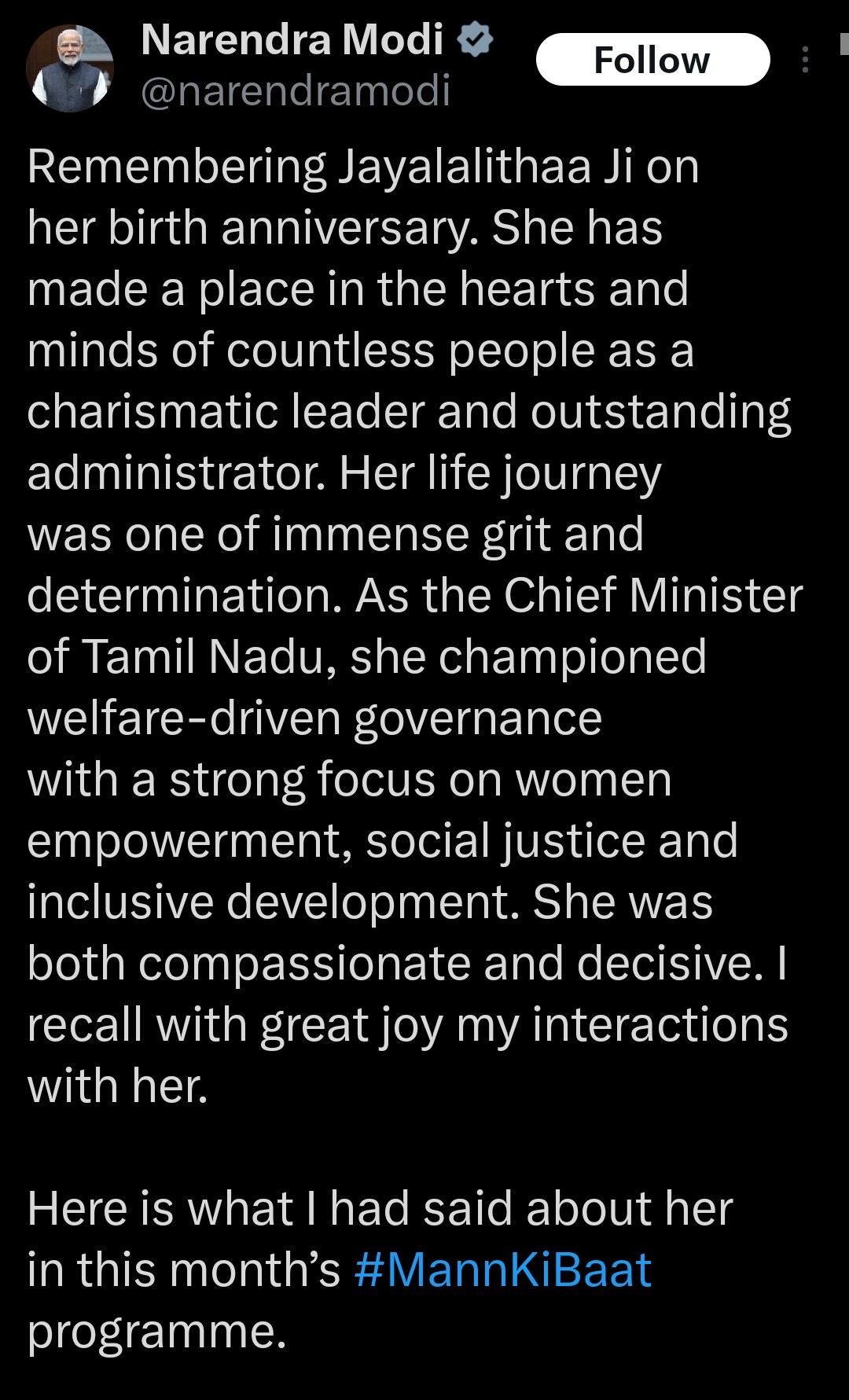 PM Modi Remembers Jayalalithaa on Birth Anniversary