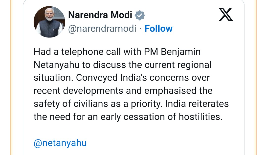 PM Modi Speaks with Israeli Counterpart Amid Rising Regional Tensions