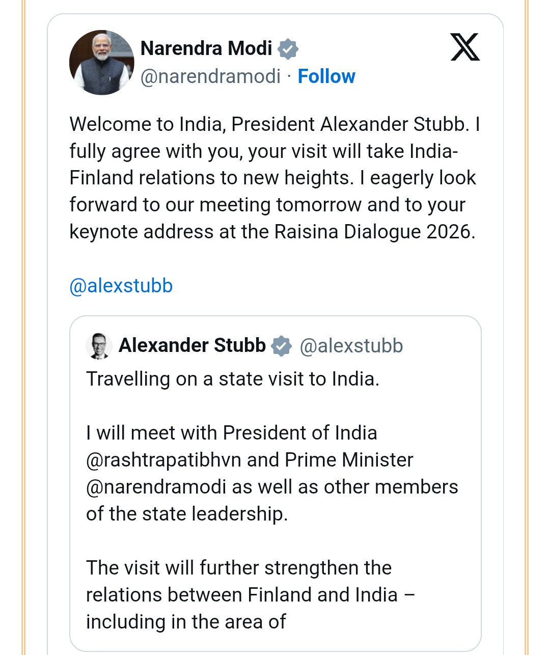 PM Modi Welcomes Finland President Alexander Stubb on State Visit to India