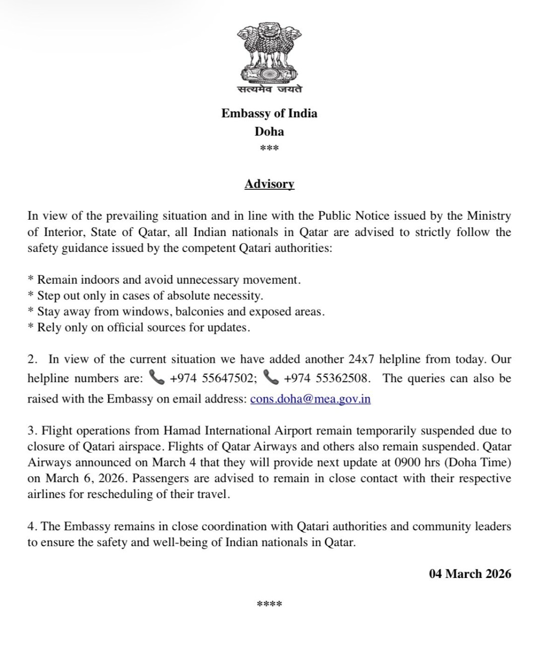 Indian Embassy Issues Safety Advisory for Nationals in Qatar