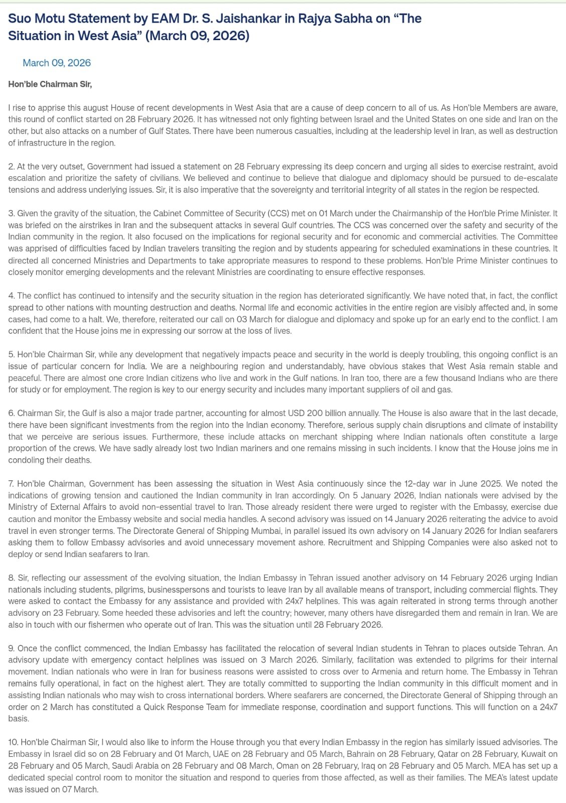 India Calls for Peace as West Asia Conflict Escalates