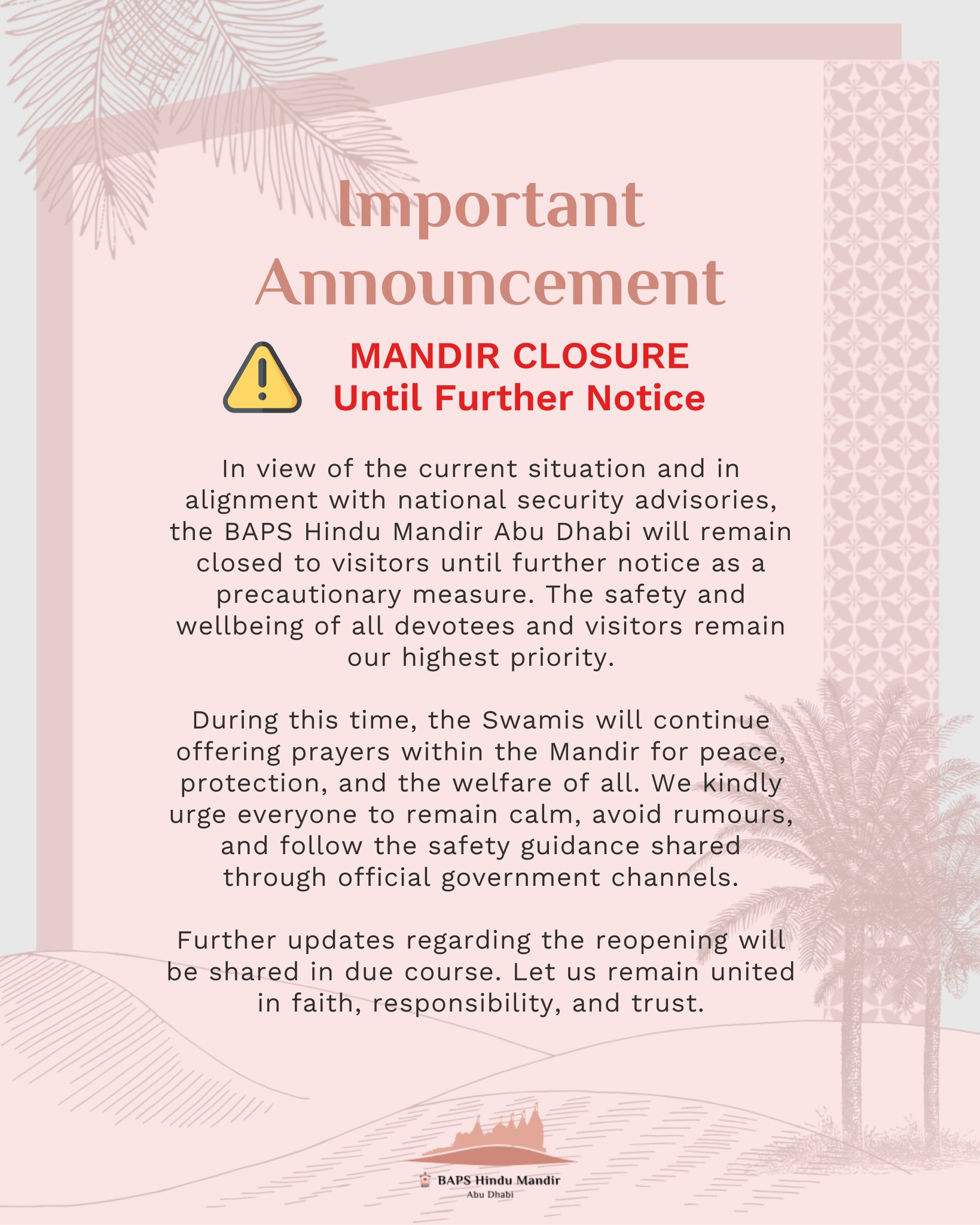 BAPS Hindu Mandir in Abu Dhabi Temporarily Closed Until Further Notice