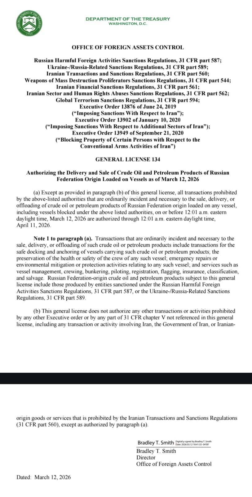 Temporary Relief: US Permits Limited Transactions for Russian Oil Cargoes Until April 11