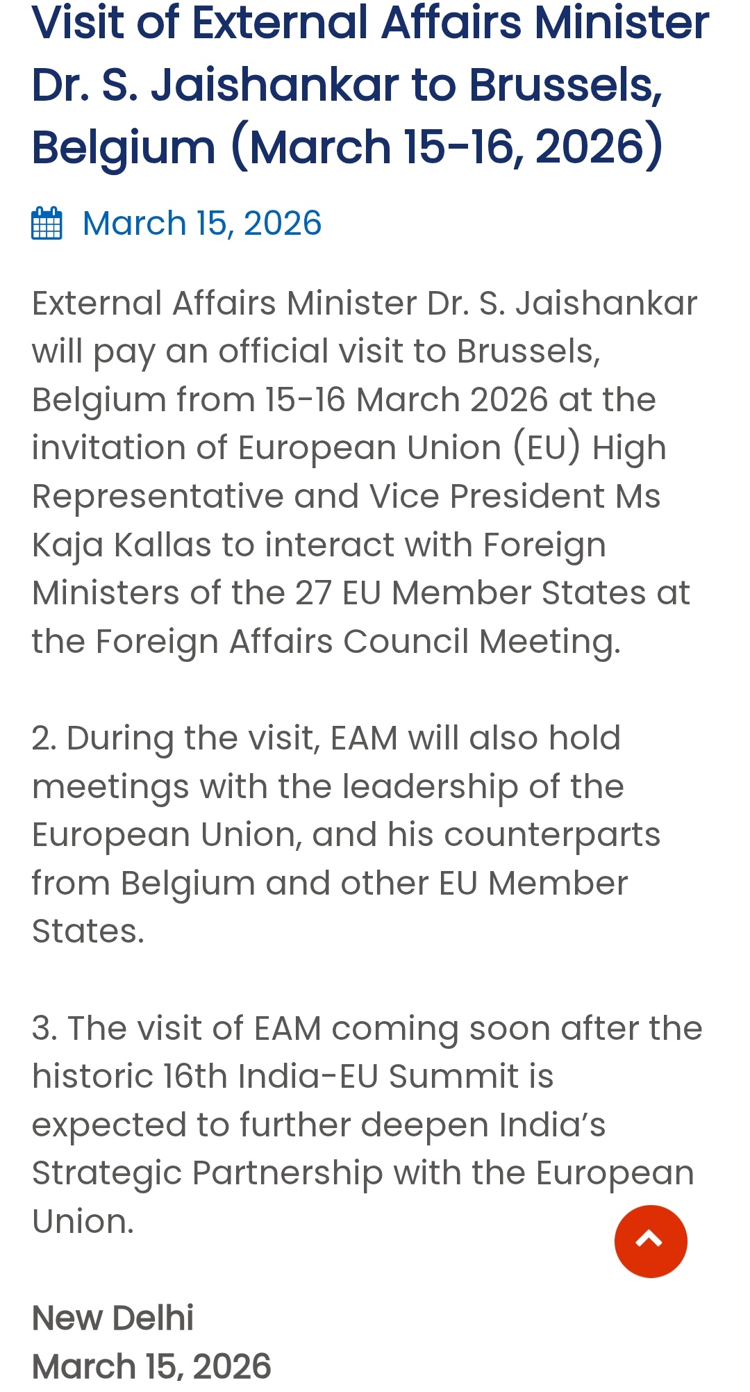 EAM Dr. S. Jaishankar to Visit Brussels for Key India–EU Foreign Affairs Council Meeting
