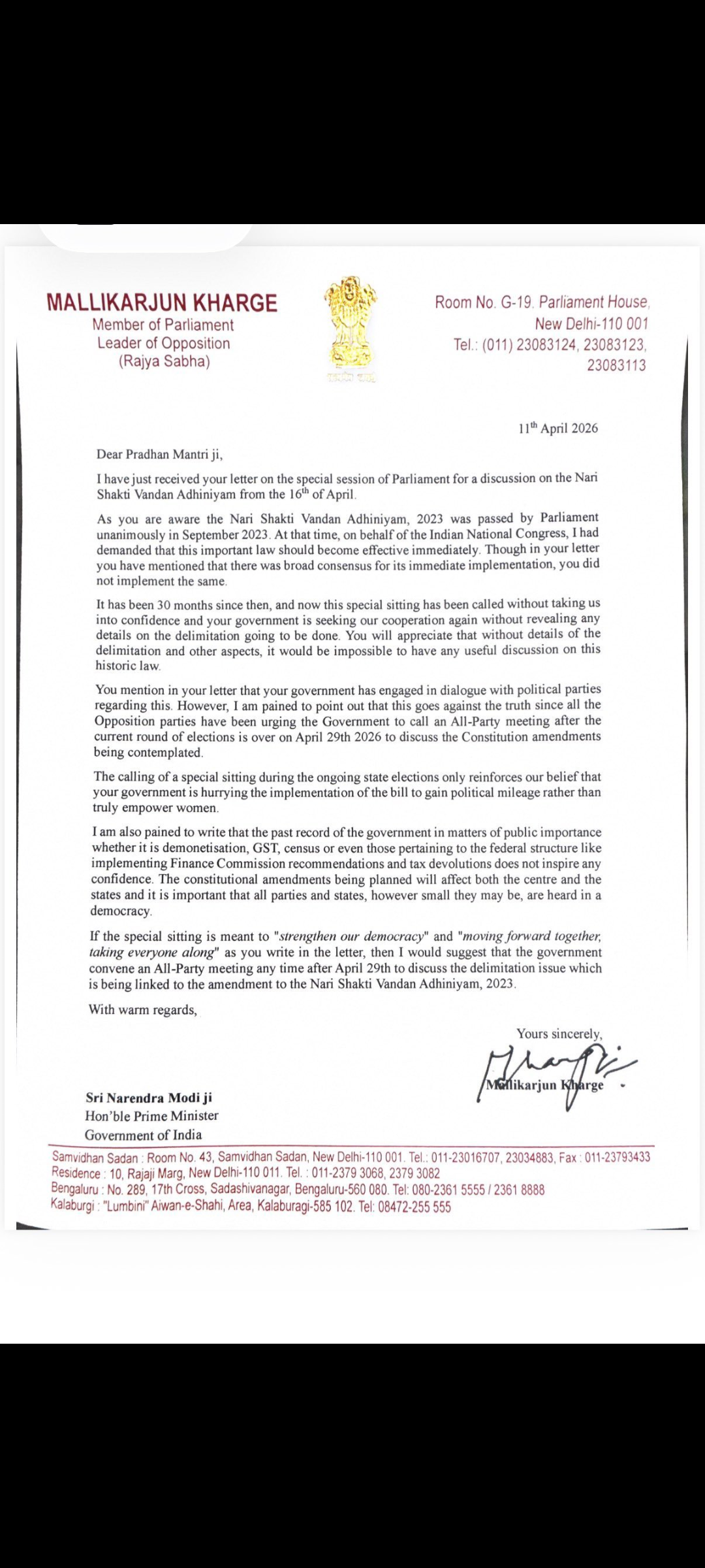 Kharge Writes to PM Modi, Questions Timing of Special Parliament Session on Women’s Reservation Law