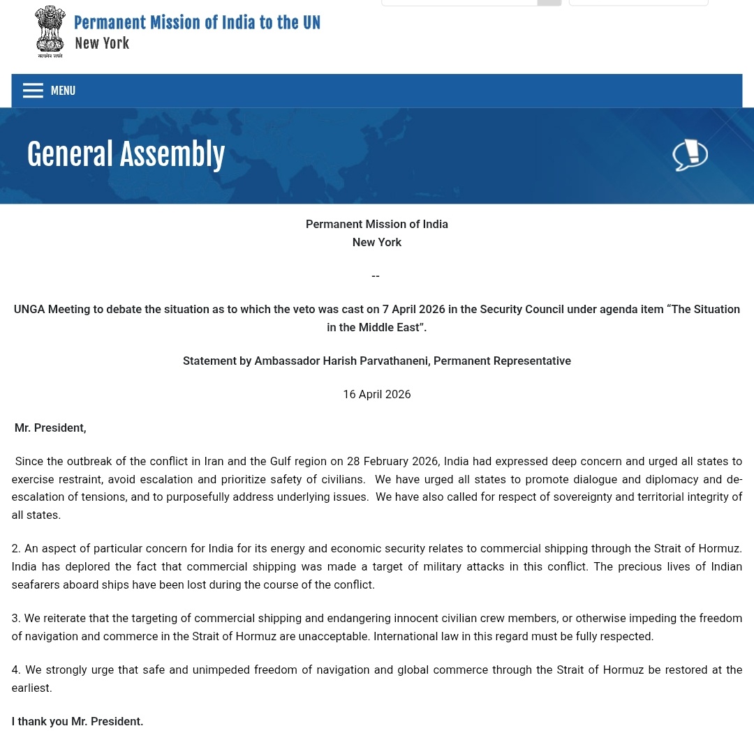 India Raises Concern at UNGA Over Iran Conflict, Calls for Restraint and Safe Maritime Routes