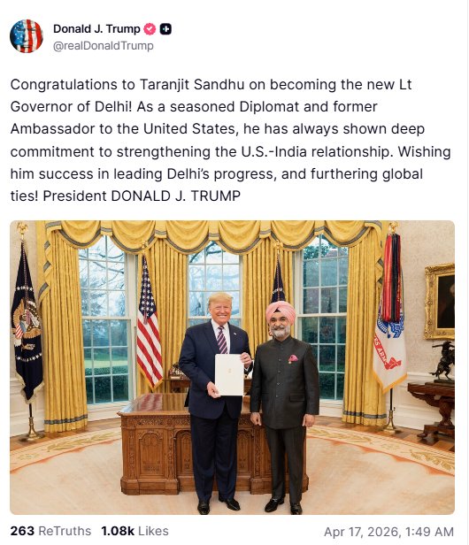 Donald Trump Congratulates Taranjit Singh Sandhu on Appointment as Delhi’s Lieutenant Governor