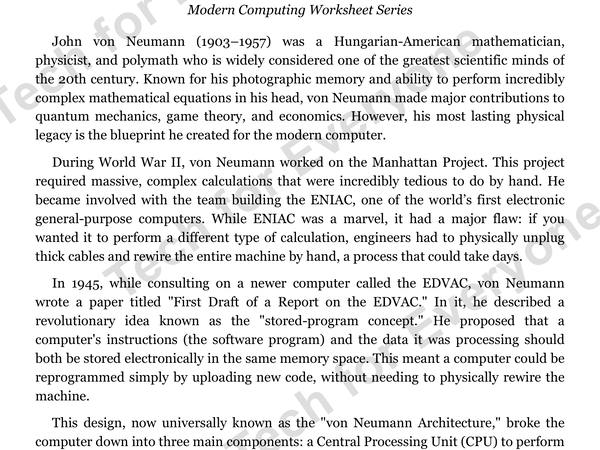 Preview: Modern Computing Series  John Von Neumann   Worksheet HS
