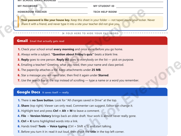 Preview: Google Quick Start Cheat Sheet: Gmail, Docs & Classroom — Middle School (6th–8th)