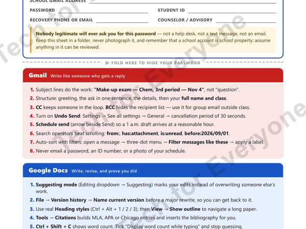 Preview: Google Quick Start Cheat Sheet: Gmail, Docs & Classroom — High School (9th–12th)