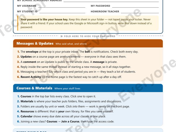 Preview: Schoology Quick Start Cheat Sheet: Messages, Courses & Assignments — Middle School (6th–8th)