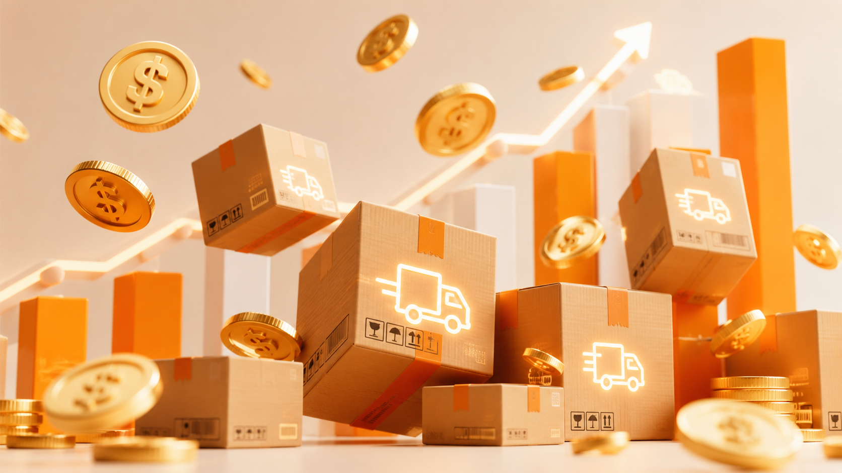 Ilustração 3D com caixas de encomendas laranjas e moedas de ouro flutuando, representando ganhos com o programa de afiliados Shopee.