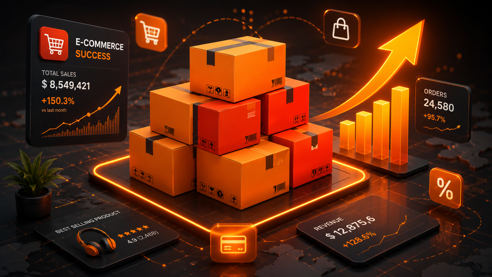 Ilustração 3D conceitual de caixas de envio e gráficos de crescimento representando como vender na shopee com sucesso em marketplaces