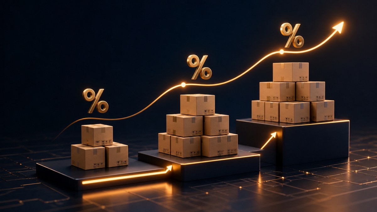 Ilustração 3D de grupos crescentes de caixas sobre degraus, acompanhados por percentuais e uma linha ascendente, representando preços de atacado com margem preservada.