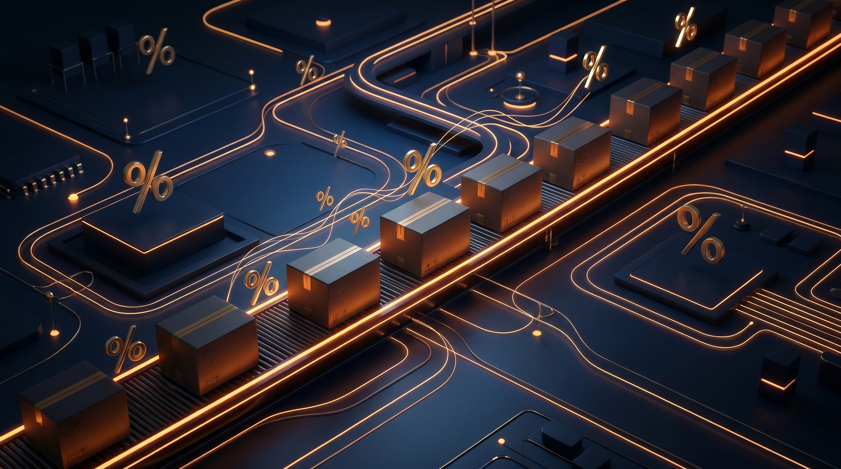 Ilustração em 3D de caixas de e-commerce e símbolos de porcentagem dourados sobre fundo azul escuro, representando as taxas Mercado Livre 2026.