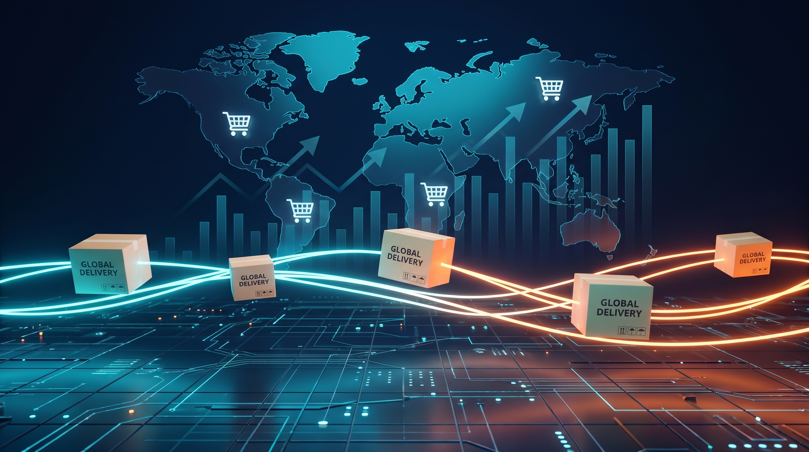 Ilustração 3D conceitual de caixas de mercadoria brilhantes flutuando sobre uma malha digital conectada ao redor do mundo, simbolizando o e-commerce internacional.