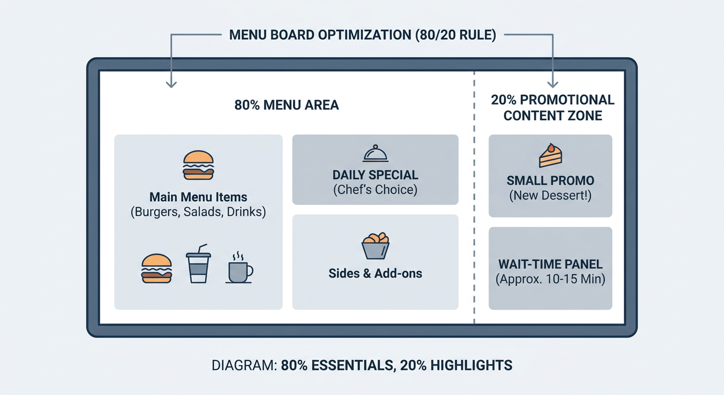 Menu board zone layout showing 80 percent menu area and a 20 percent content zone for specials and promotions