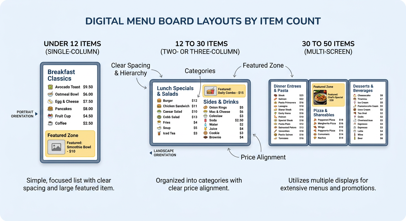Digital menu board template layouts by item count showing single column, three column, and multi-screen options