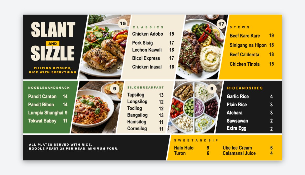 Slant Sizzle Menu for TV Screen — Menu board digital menu board template