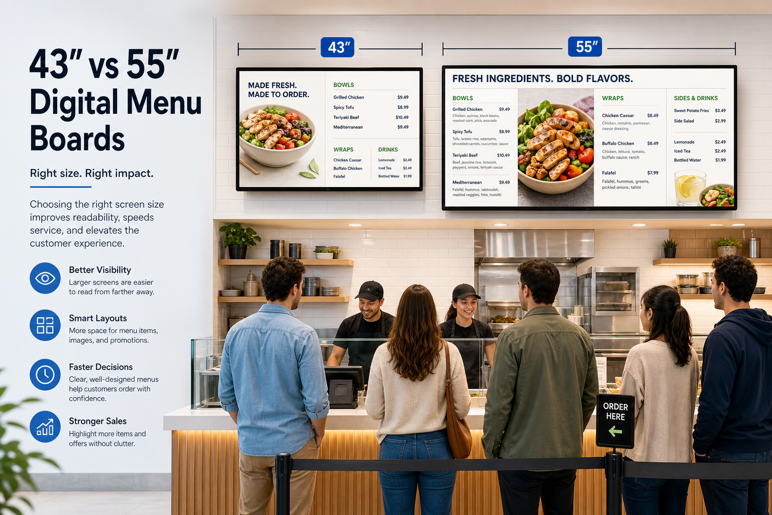 Digital menu board size diagram showing viewing distance, text height and items per panel