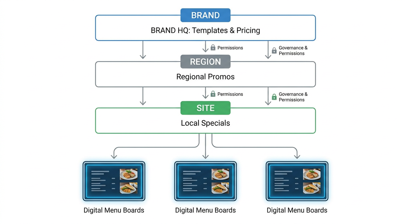 Three-level structure for multi-location signage showing brand, region, and site control layers