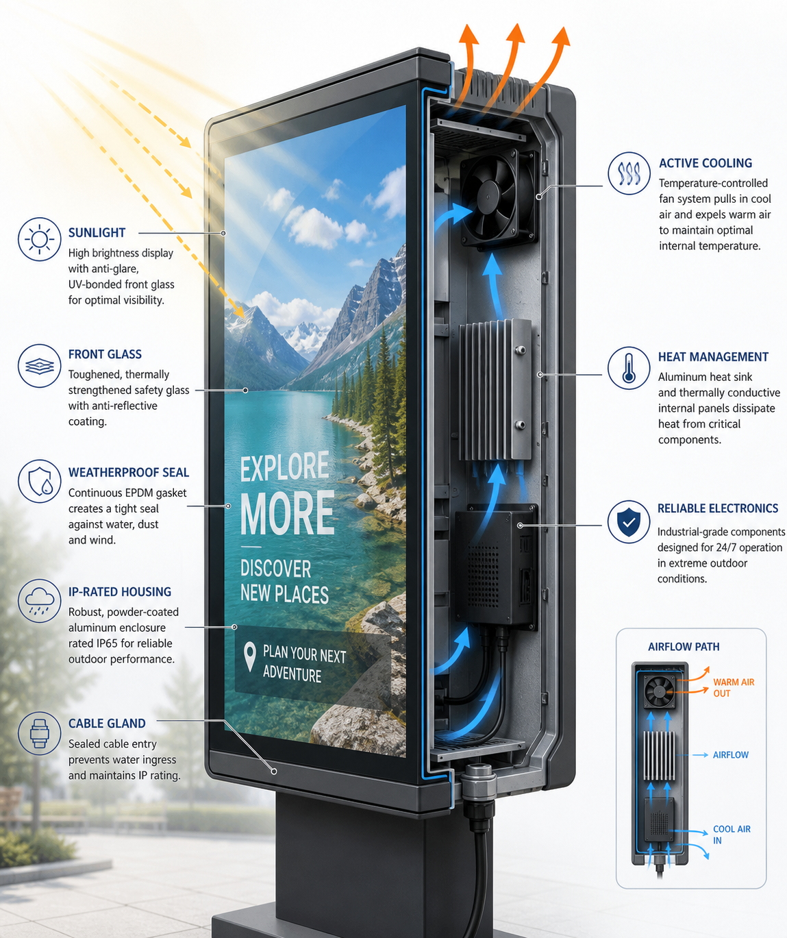 Cutaway of outdoor digital menu boards enclosure showing brightness rating, IP seal and cooling airflow