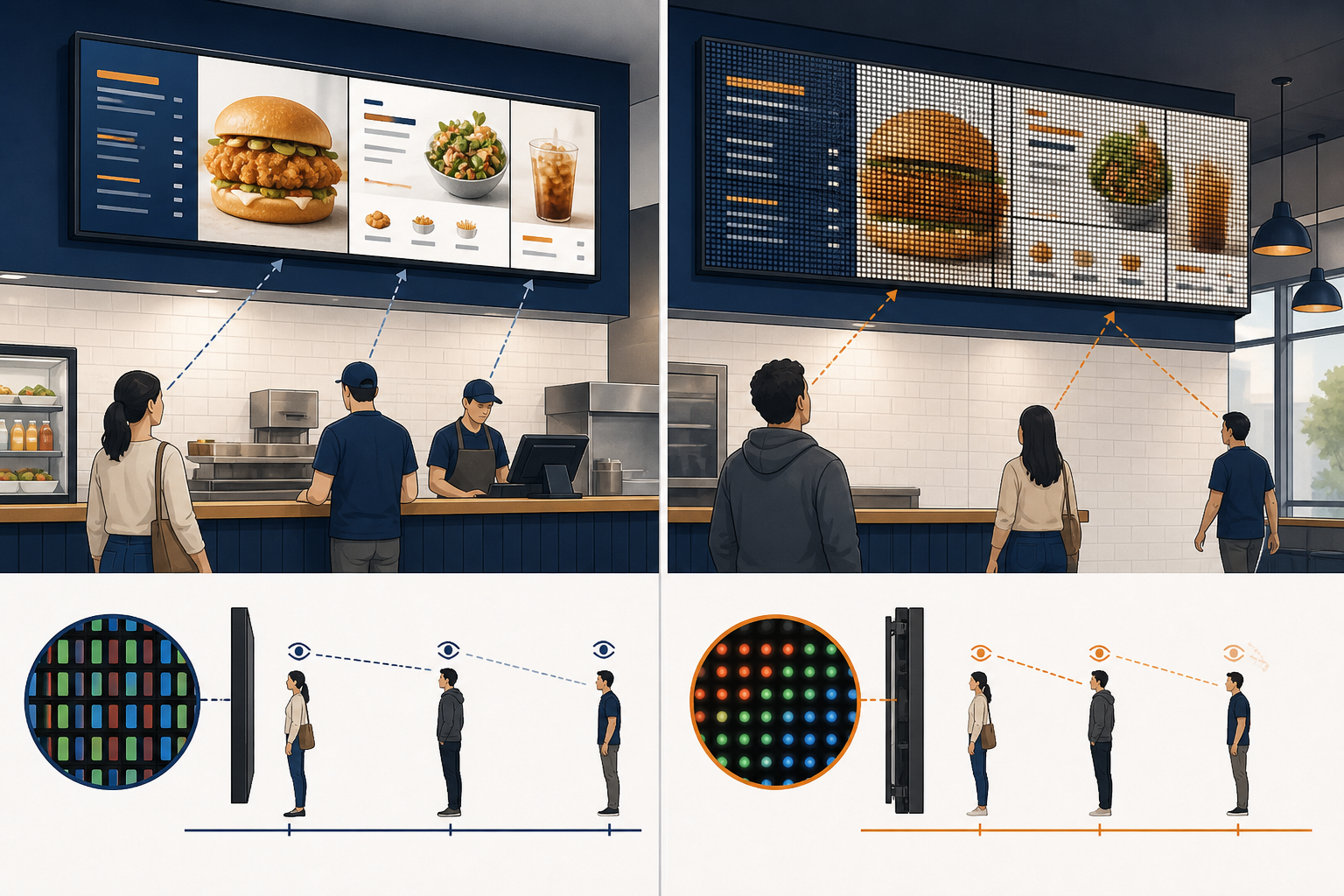 Pixel pitch comparison showing why a direct-view LED menu board needs viewing distance