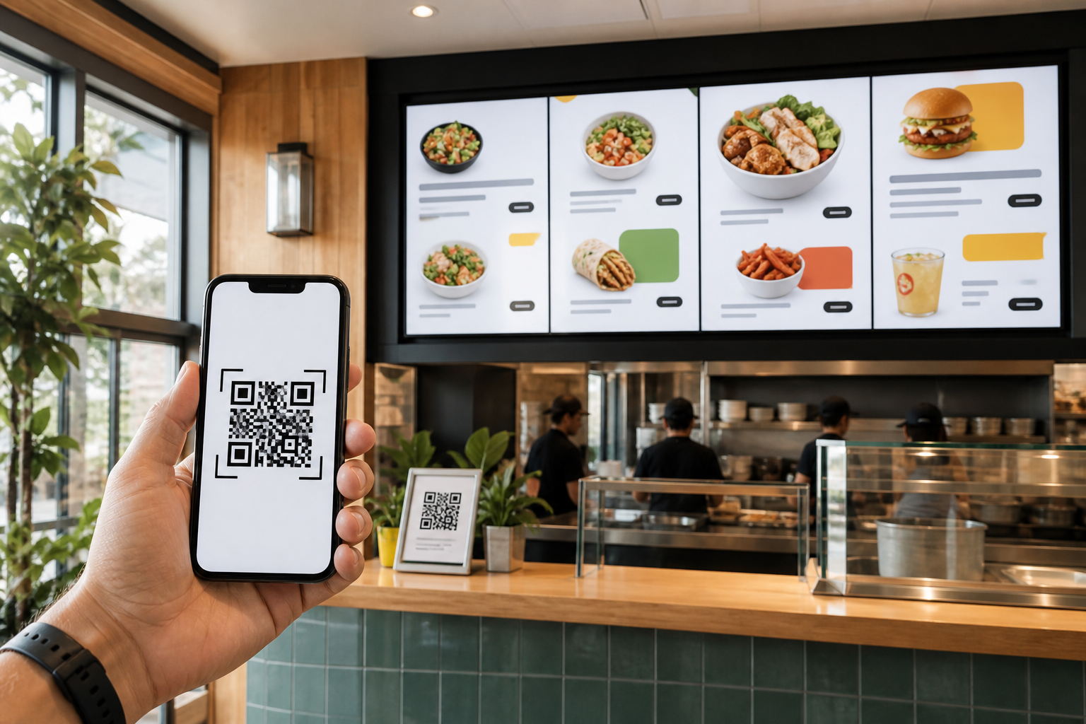 Comparison diagram showing QR code menu use cases versus digital menu board use cases by service style