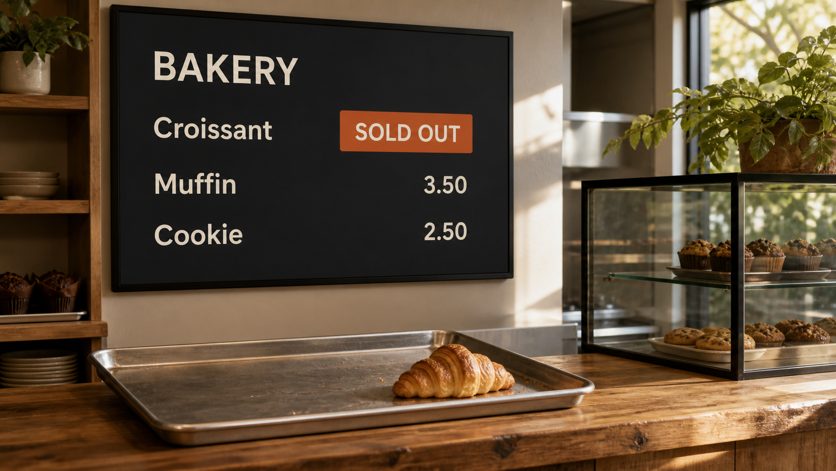 Sold-out items on digital menu boards workflow: confirm, update, check screen, restore