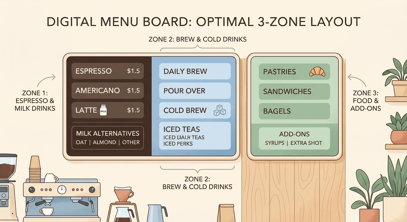 Three-zone coffee shop menu board layout showing espresso drinks, brew and cold, and food add-ons