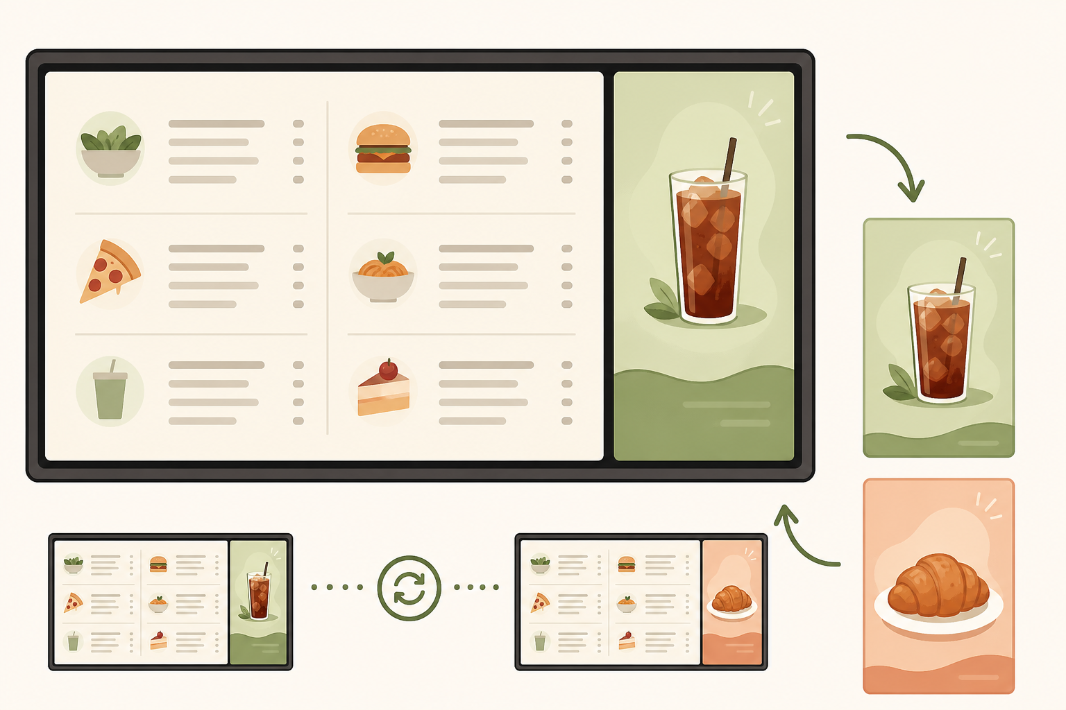 Menu slideshow diagram keeping the main menu fixed while drink and pastry promotions rotate