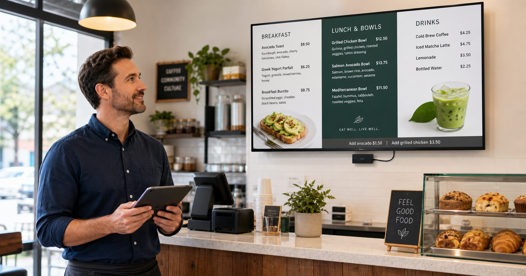 Layout of a three-panel digital menu board showing pricing zones and a single promo panel