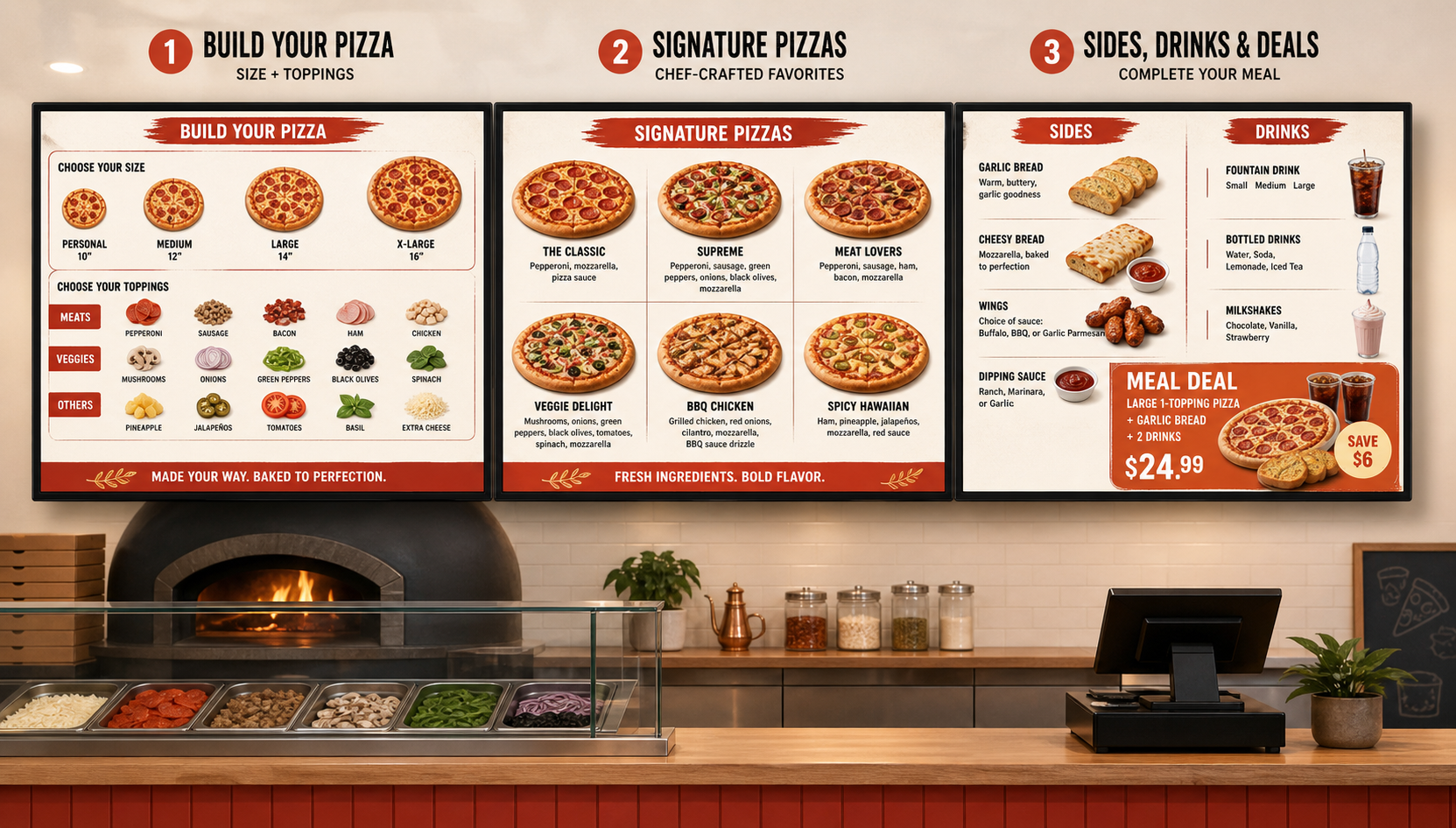 Pizzeria digital menu board panel showing signature pizzas and a deal block layout