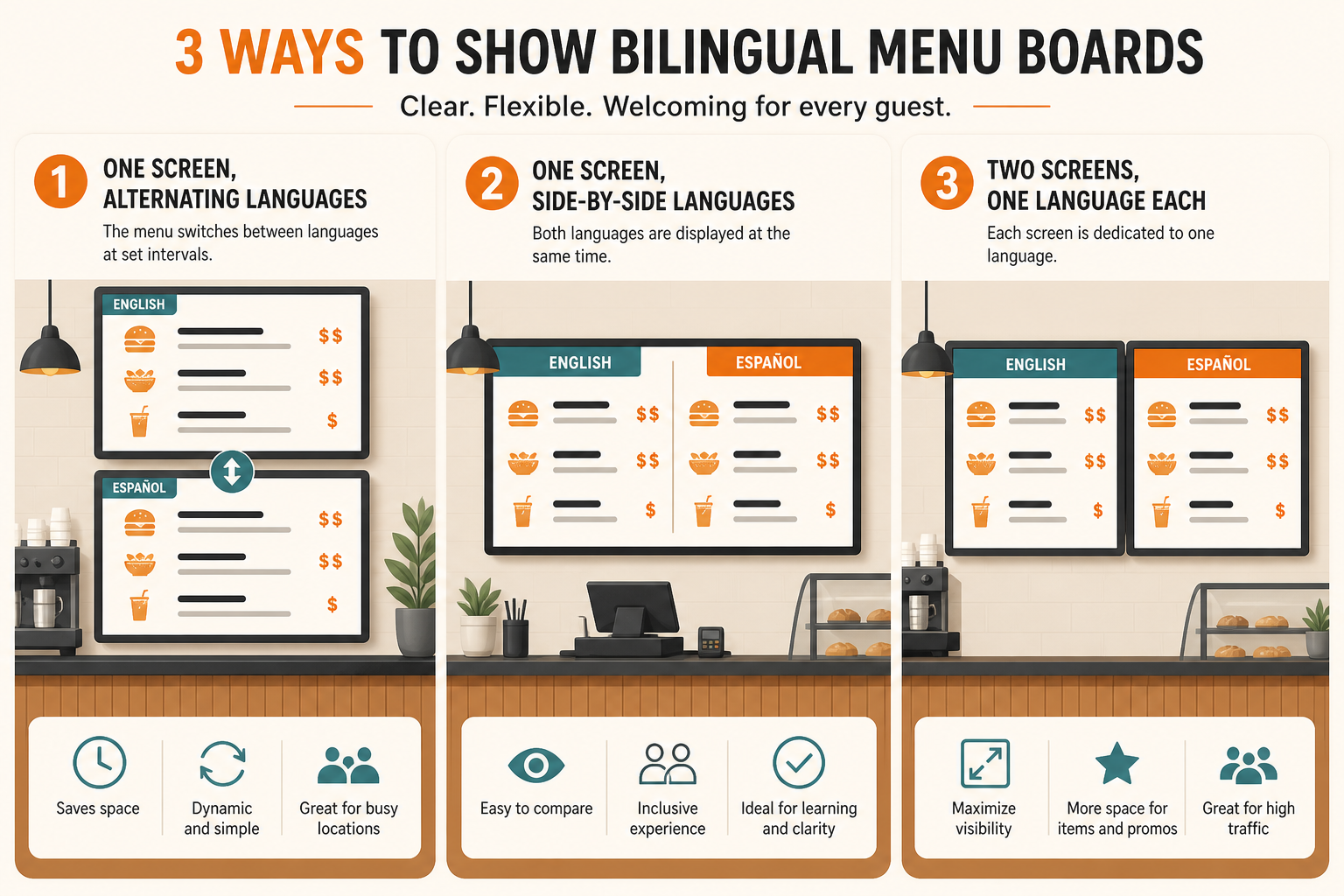 Bilingual digital menu boards layout comparison of alternating, side-by-side and paired panel approaches