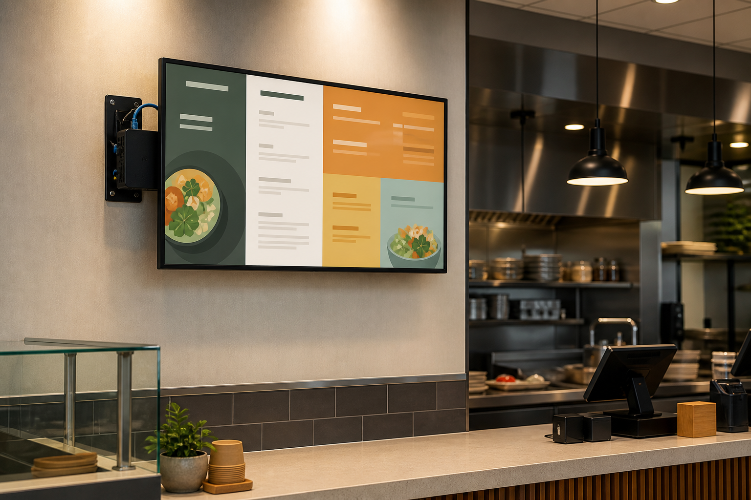 Digital menu board hardware diagram showing display, media player, ethernet cable and mount