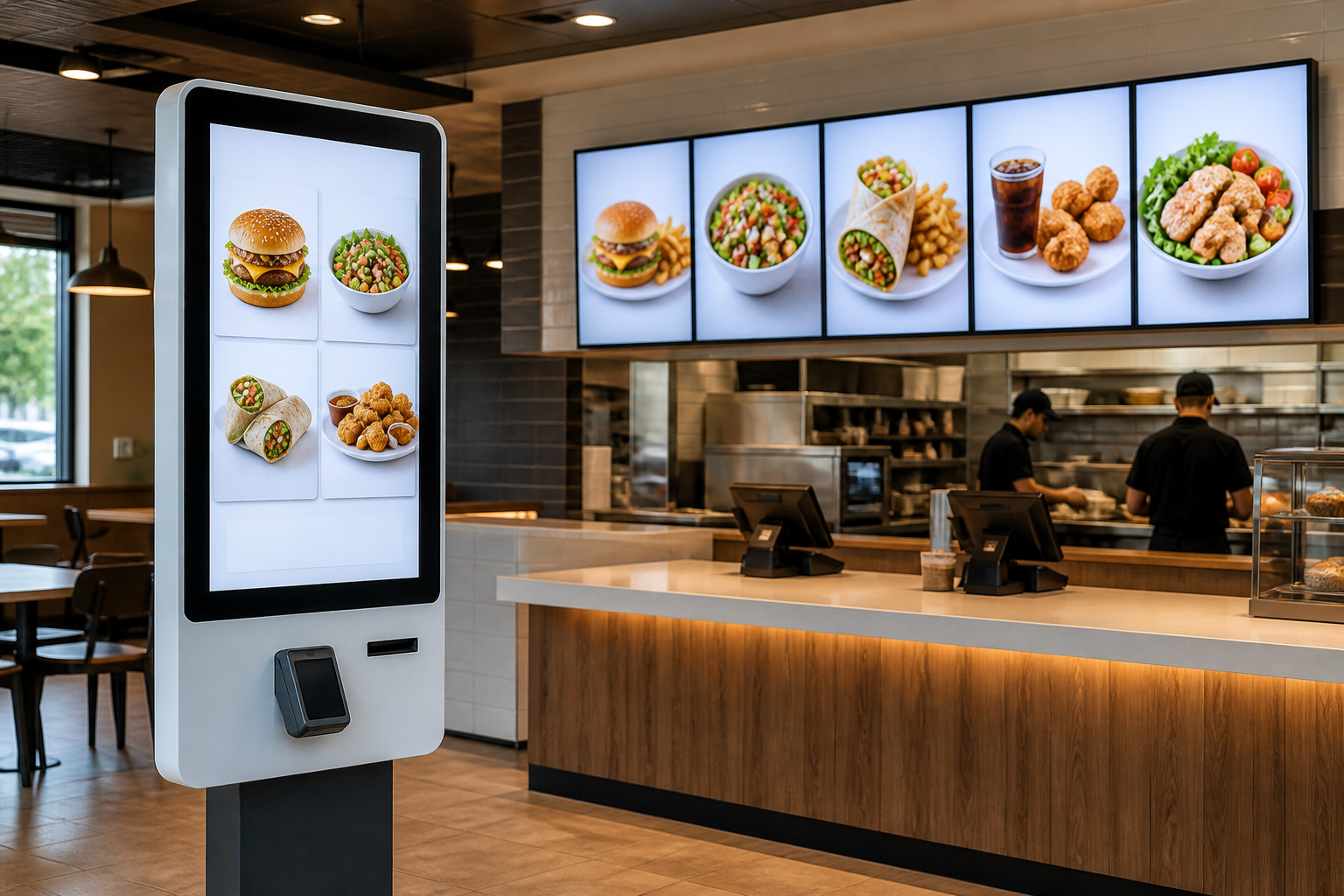 Comparison of self-order kiosk vs digital menu board on cost, floor space and orders affected