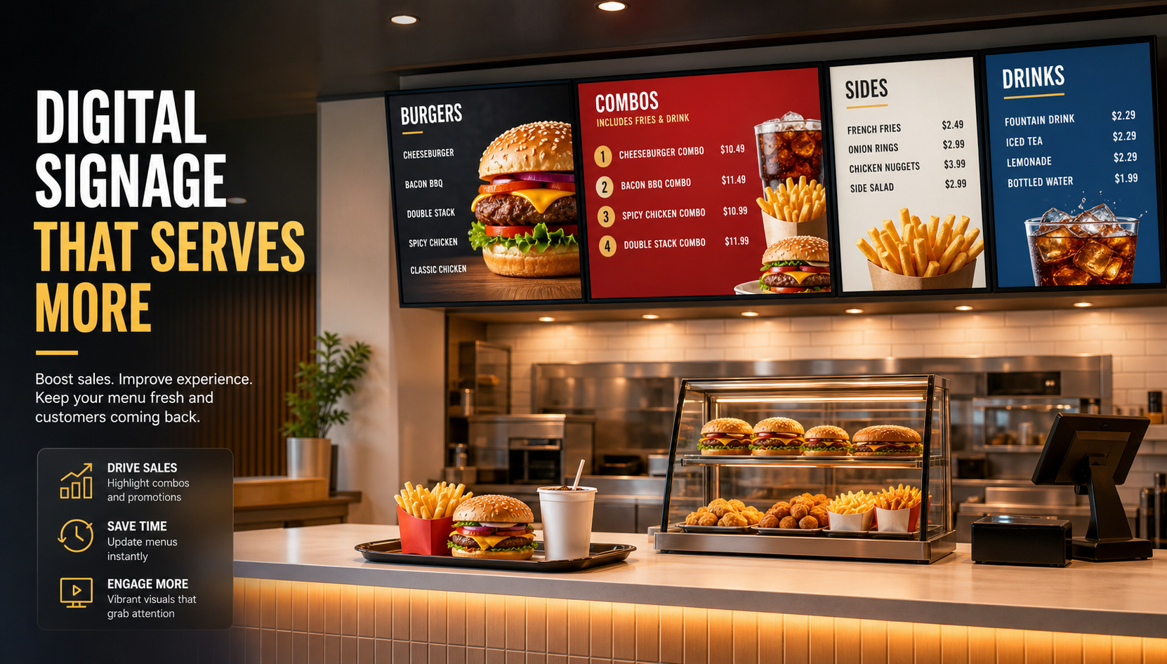 Quick service restaurant digital signage checklist comparing a displayed combo price with the register