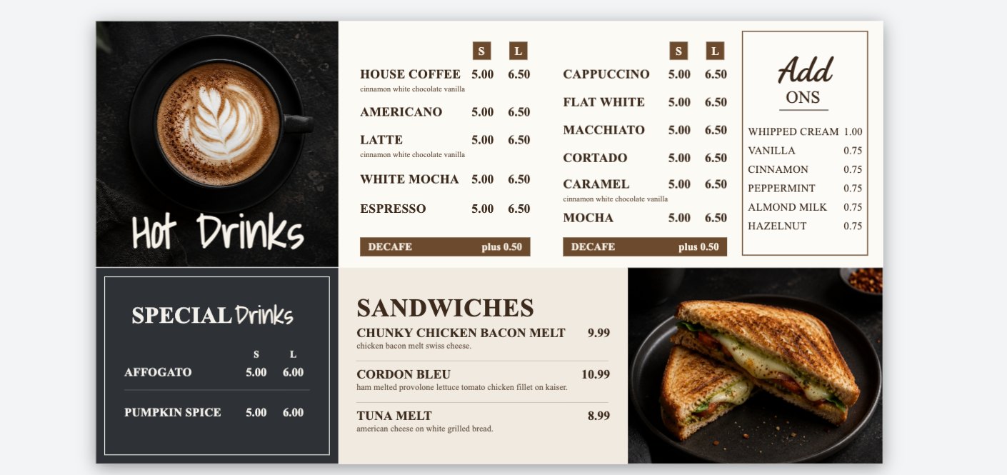 Coffee Shop Menu Board — Hot Drinks & Sandwiches — Cafe & bakery digital menu board template