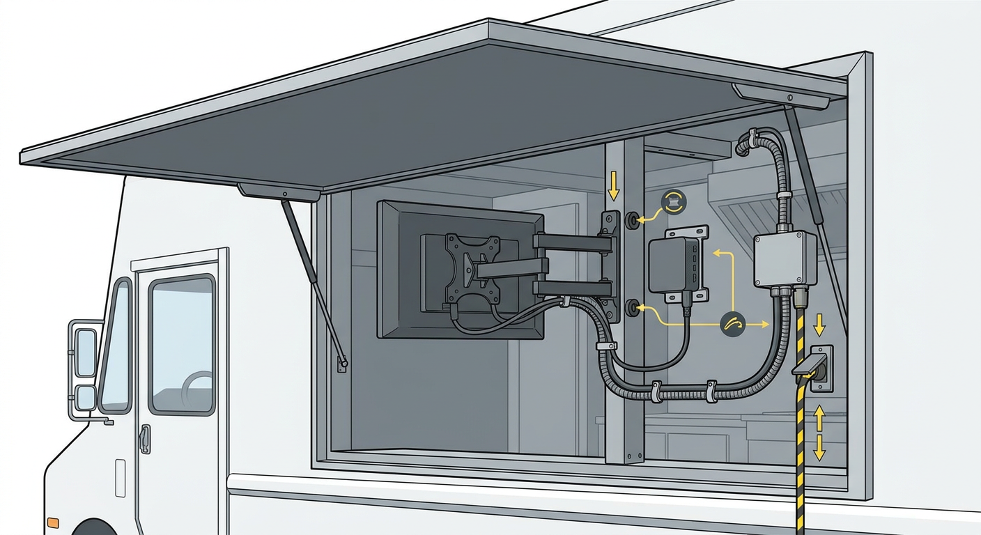 Food truck service window showing screen placement under an awning with power and mounting considerations