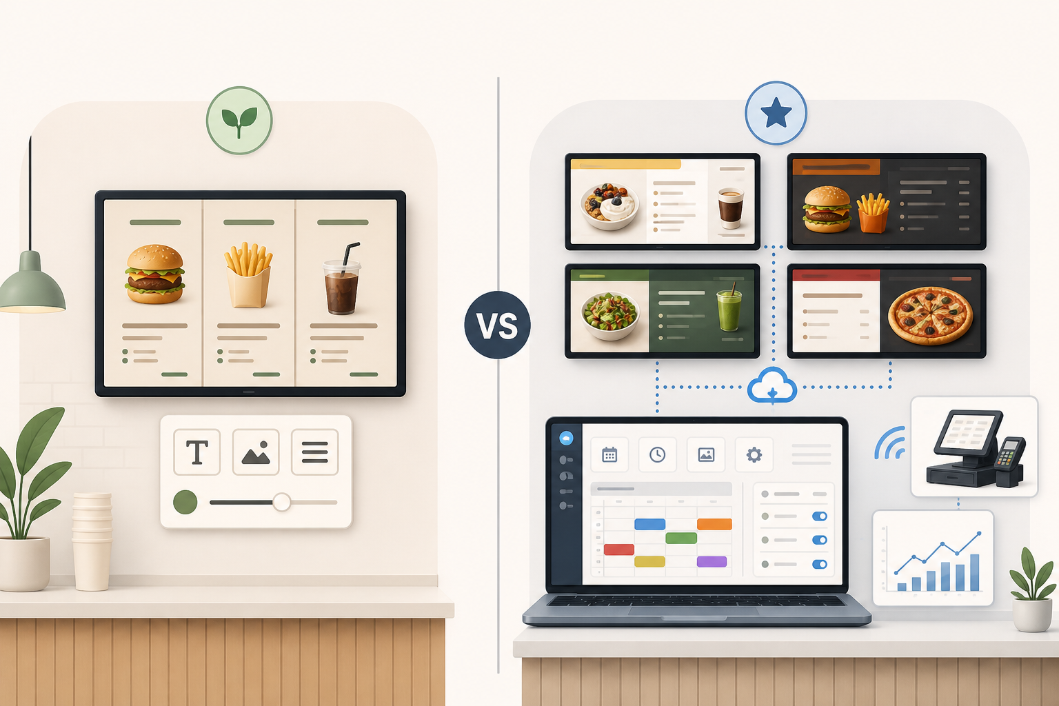 Comparison of free versus paid digital menu board software features across screens, POS sync, and scheduling