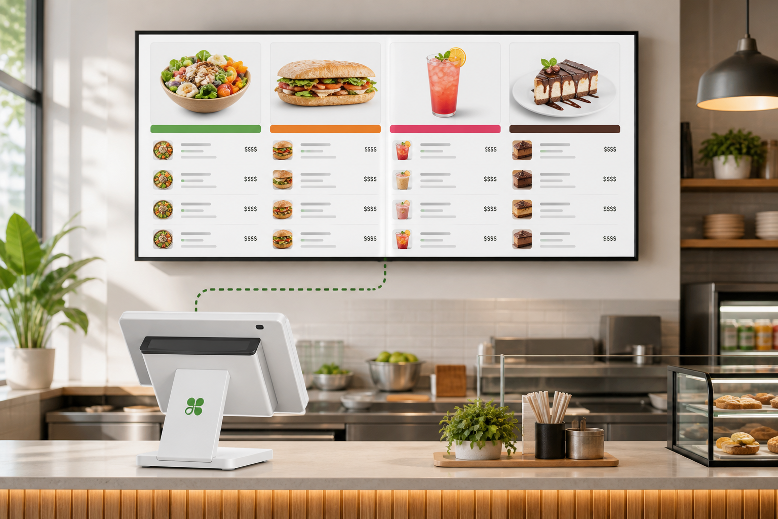 Diagram of a Clover digital menu board sync showing items, categories and prices flowing from POS to screens