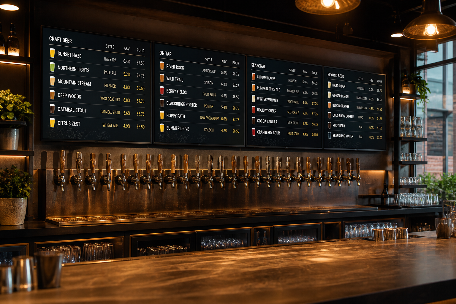 Tap list layout for digital menu boards for bars showing beer name, style, ABV and two pour prices per line