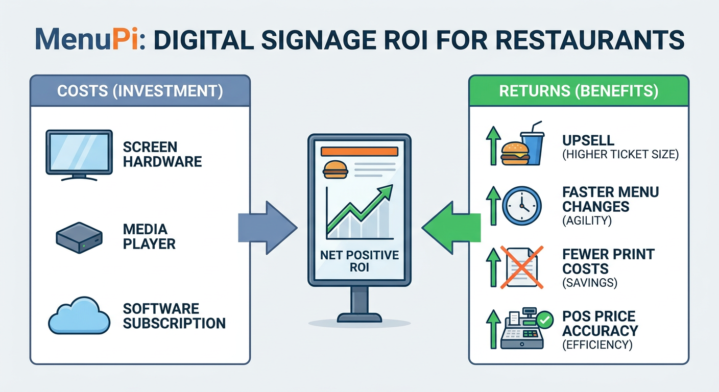 Restaurant digital signage ROI breakdown showing costs and returns for menu boards