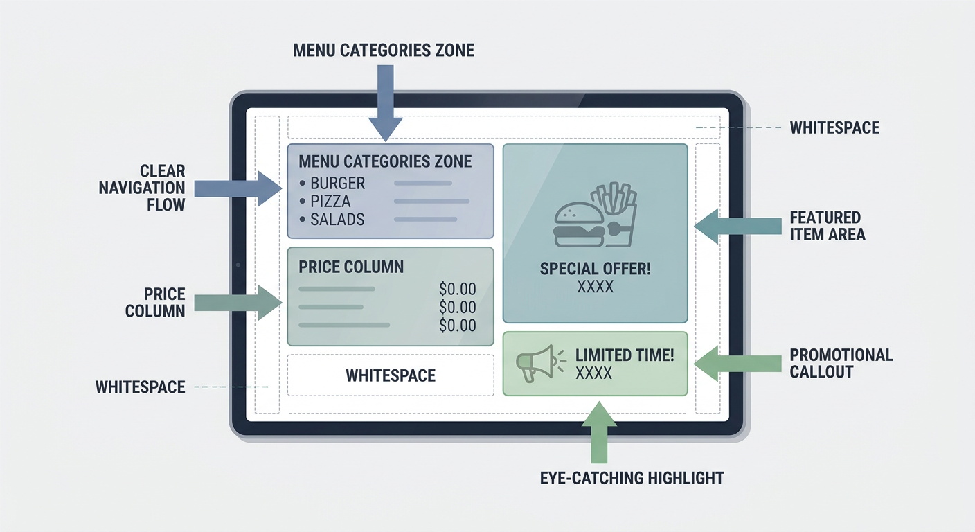 Menu board layout diagram showing categories, price column, featured area, promotional callout, and whitespace